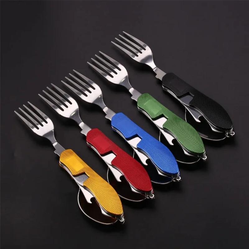 Stainless Steel Cutlery 4 In 1 Outdoor Picnic Tableware Foldable Knife Fork Spoon Bottle Opener Folding Pocket Cutlery Set