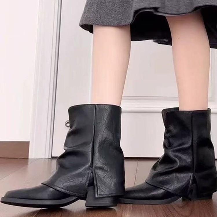 Fashion Elegant Thick Heel White Ankle Boots Women 2025 Autumn Pointed Toe Medium Heel Black Pleated Chelsea Boots Solid Woman's Shoes