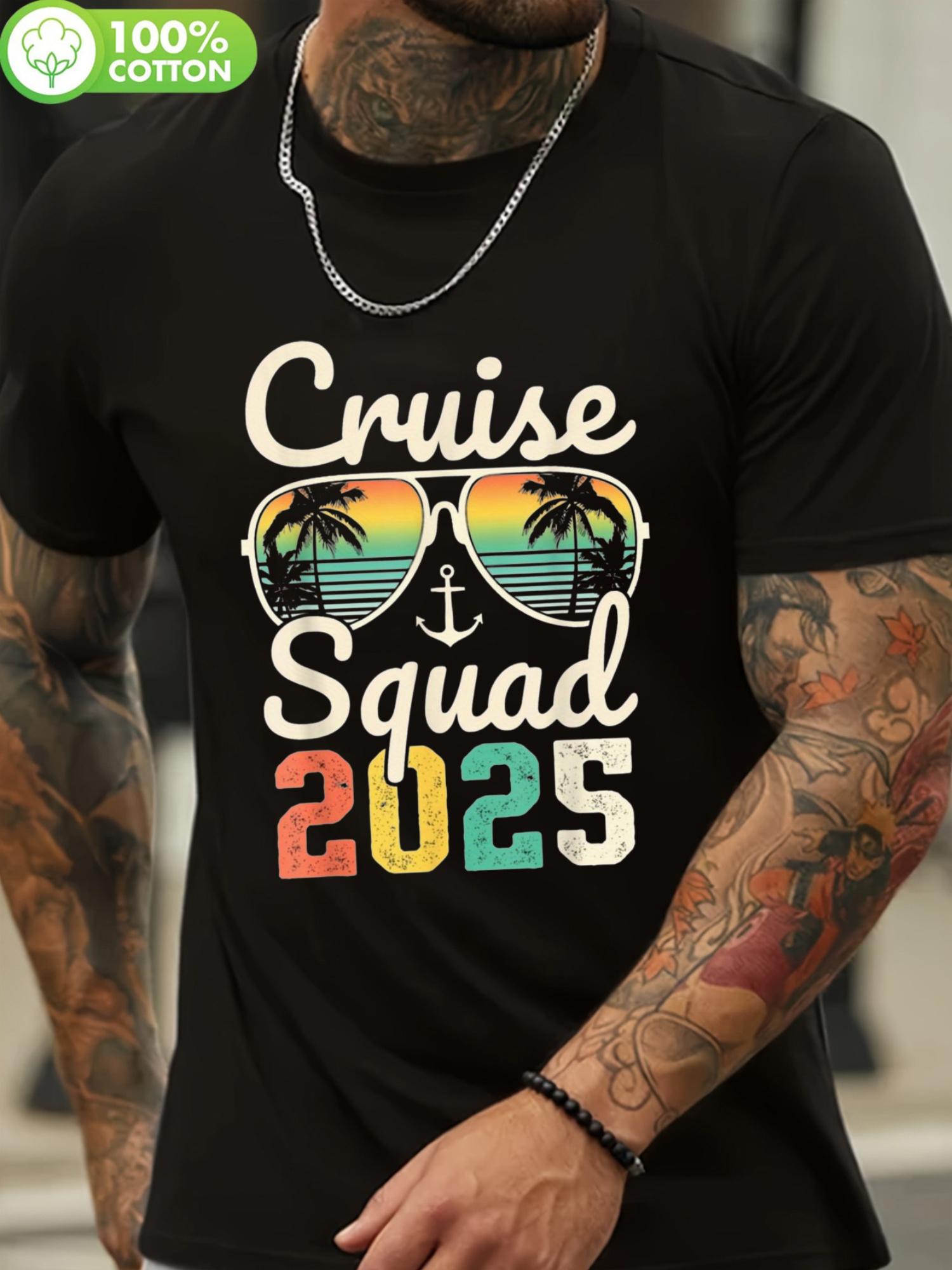 

Cruise Squad 2025 Graphic T-shirt - Retro Style Black Cotton Crew Neck Tee with Fashion Glasses & Palm Tree Design XXXXL