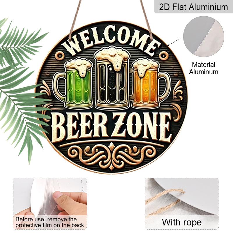 2D Flat Aluminum 7.87 Inch X 7.87 Inch Wall Hanging with Three Beers and Hops Design. Retro Beer Theme. Suitable for Bars, Living Rooms, Kitchens