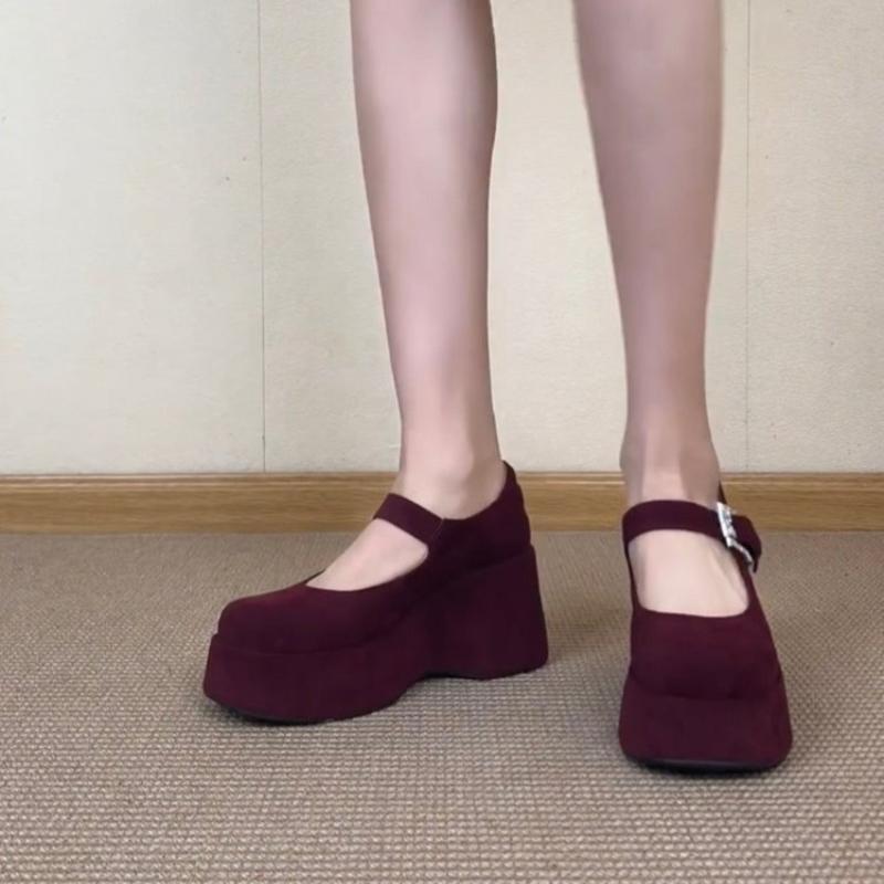 Women's Mary Jane Shoes Wedges Round Toe One-line Buckle High Heels Dress All-match Flannel Shallow Mouth Zapatillas De Mujer