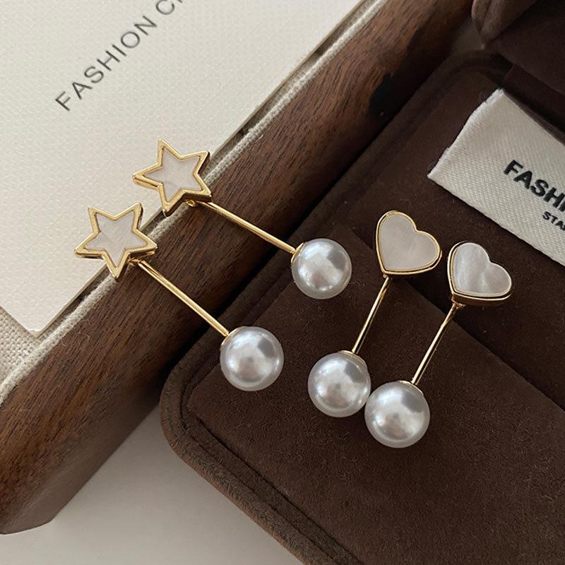 Natural Shell Love Stud Earrings Fashionable Personalized Rear Hanging Pearl Earrings Niche Design Star Earrings