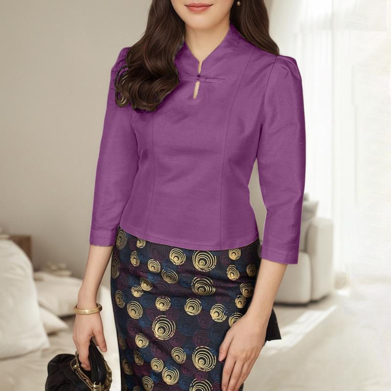 

ZANZEA Женская повседневная блузка с воротником-стойкой, однотонная, с рукавами 3/4, элегантная 4XL фиолетовый