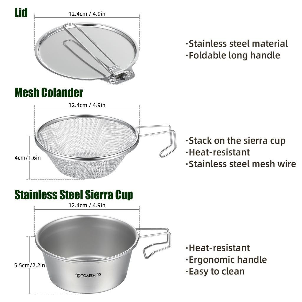 TOMSHOO Bol Sierra din oțel inoxidabil cu strecurătoare de plasă și capac pentru drumeții în camping
