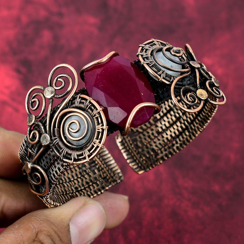 Faceted Kashmir Ruby Bangle Rainbow Moonstone Cuff Bracelet Copper Wire Wrapped Adjustable Bangle Handmade Copper Jewelry Gemstone Bracelet