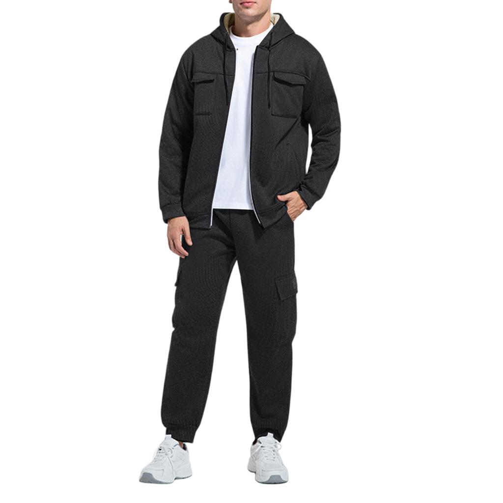 Men Waverg Zipper Pocket Flip Collar Self-Cultivation Cardigan Jacket Set