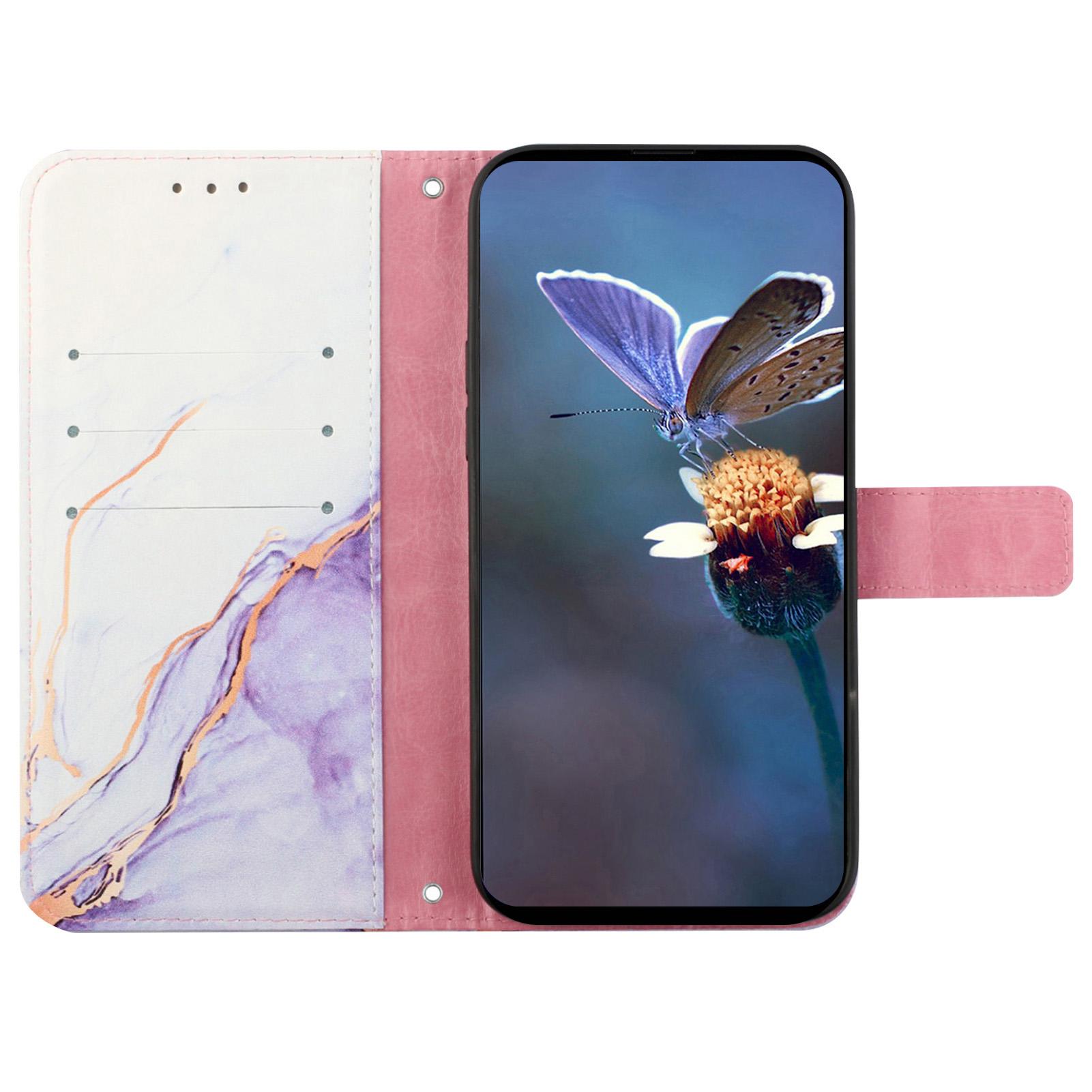 

For Xiaomi Redmi A3/Poco C61 4G Leather Case with Shoulder Strap Marble Pattern Phone Stand Cover White/Purple LS006