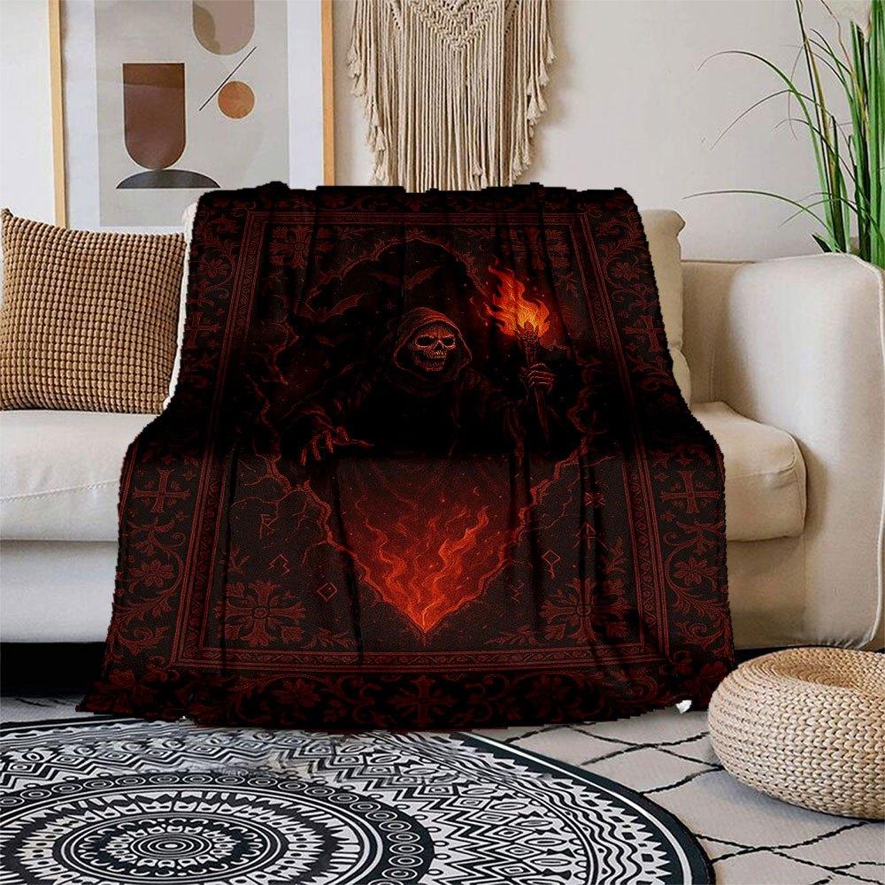

Dark Fantasy Reaper with Flames Wall Art Print Blanket Flannel Throw Blanket for Sofa, Bed, Travel, Camping, Office, Couch, Chair, And Bed 150x180cm