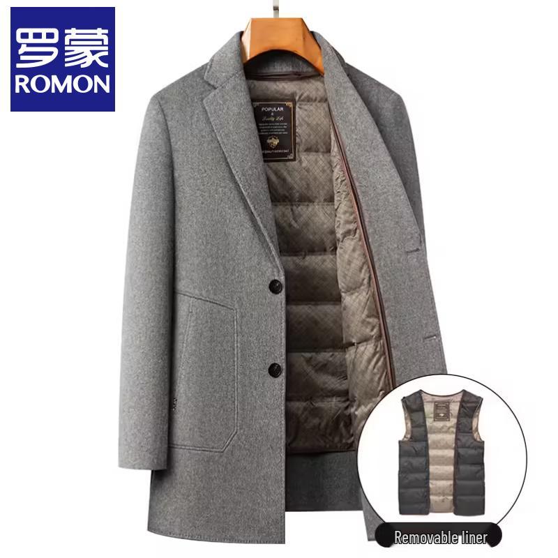 ROMON E Men's Mid-Length Wool Blend Overcoat with Down Liner