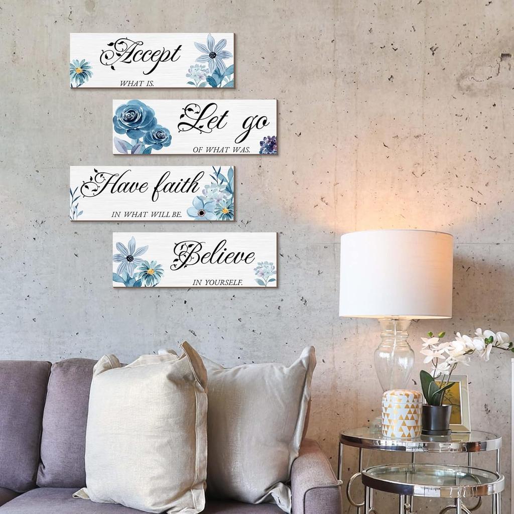 4 Pieces Blue Flower Wall Decor For Bedroom Accept Let Go Have Faith Believe Inspirational Wall Art Decorations for Living Room No Frame