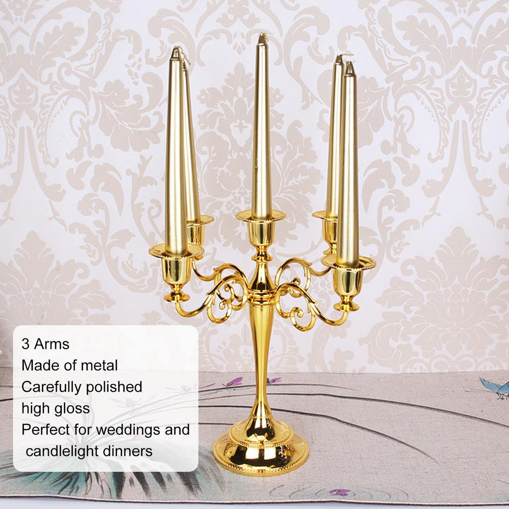 Metal Candle Holder 3 Arms High Gloss Retro Exquisite Candlestick Holder for Dining Tables Wedding Decoration