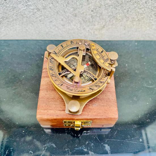 Brass 10.16 cm Sundial Compass with Wooden Box Nautical Gift Birthday Wedding Anniversary Christmas Groomsman Gift