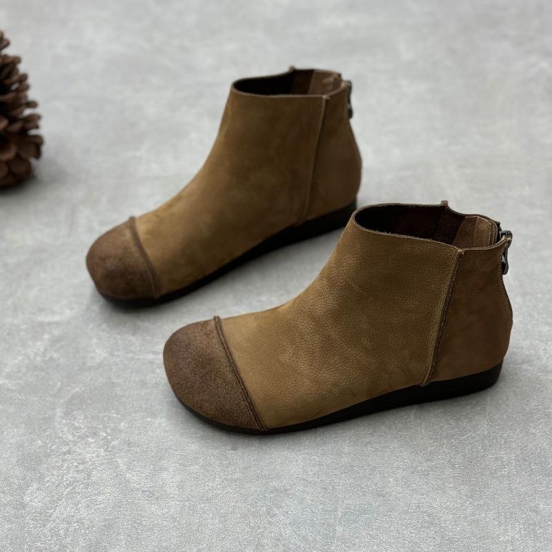 Retro leather boots literary handmade round head flat cowhide single boots