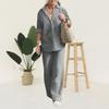 1 Set Women Summer Suit Turn-Down Collar Single-breasted Solid Color Shirt Trousers Two-piece Set Casual Wear Plus Size Cotton Linen Top Wide Leg