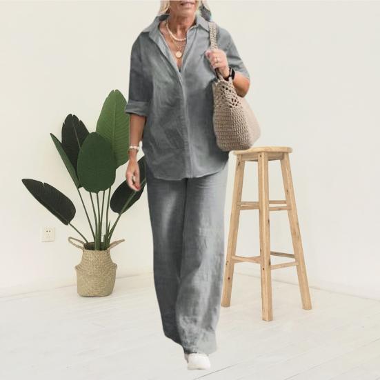 1 Set Women Summer Suit Turn-Down Collar Single-breasted Solid Color Shirt Trousers Two-piece Set Casual Wear Plus Size Cotton Linen Top Wide Leg
