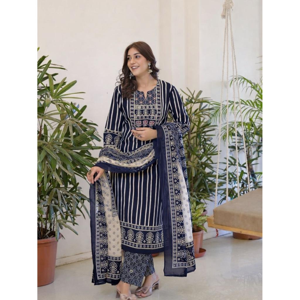 Women's Designer Cotton Kurti Pant Dupatta Set Indian Bollywood Ethnic Kurta Set