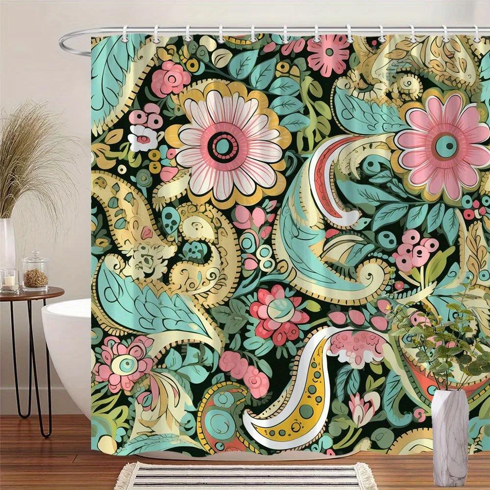 Kaleidoscopic Floral Paisley Shower Curtain - Teal, Pink, Yellow & Green On Black, Vintage-Inspired Design,  12 Hooks
