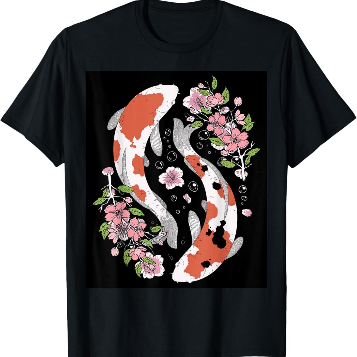 Футболка с изображением карпа и цветущей сакуры S чёрный