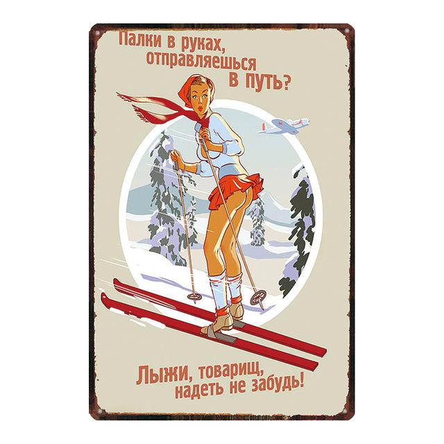 Vintage Russian Metal Plaque Pin Up Sexy Girl Tin Sign Pub Club Bar Cafe Shop Home Wall Art Decor Metal Plate Iron Painting