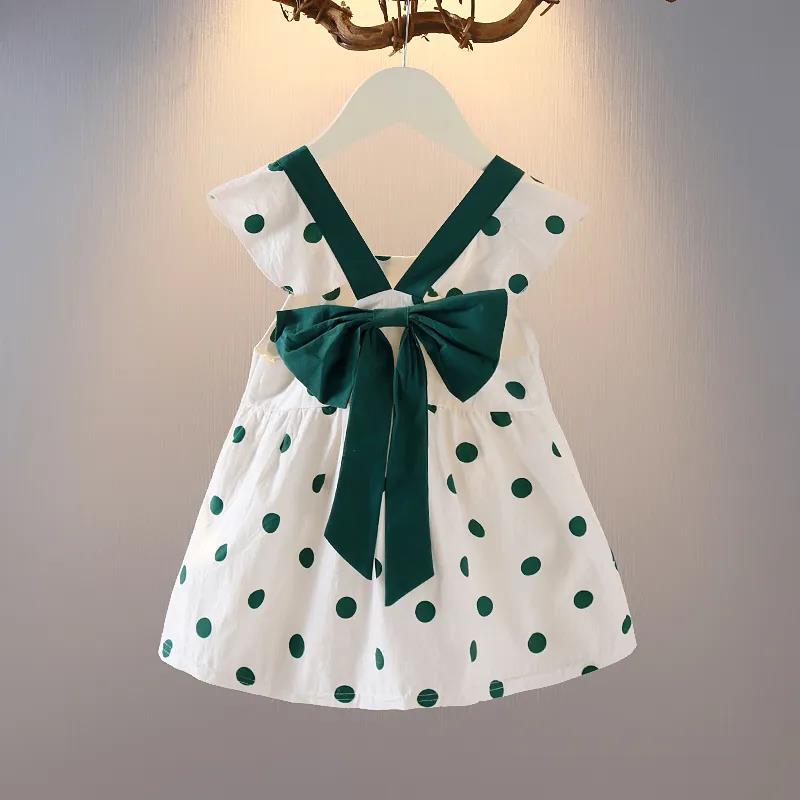 Dívčí letní šaty bez rukávů s puntíky, sladké s motýlkem, bavlněná sukně na ramínka, dívčí roztomilá princeznovská sukně, bez rukávů, v pase, áčková sukně
