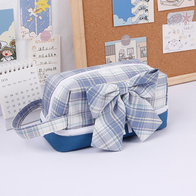 Large-capacity Double-layer Pencil Case Japanese Canvas Student Girl Heart Lattice Plaid Pencil Case Cute Bow Gifts for Girls
