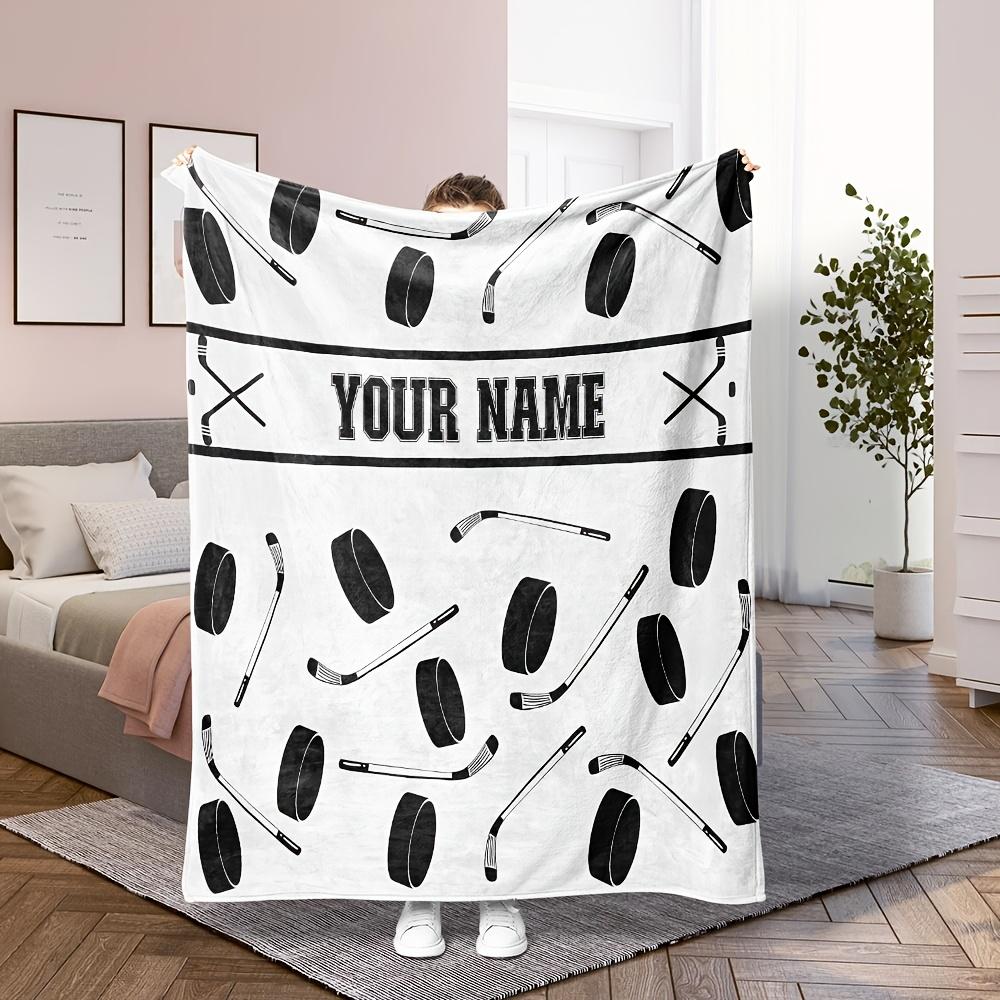 Personalized Hockey Blanket With Pucks And Sticks Pattern Custom Name White Background Soft Fleece Throw Gift For Players