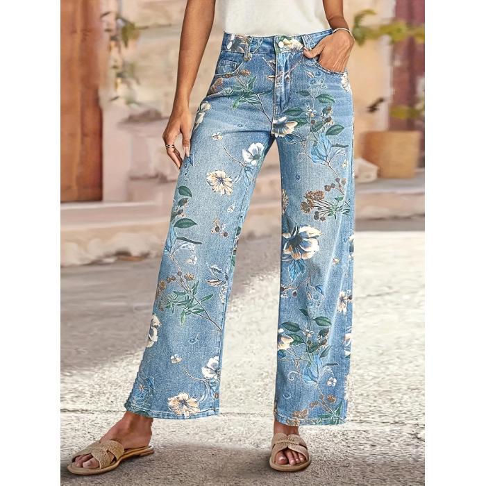 

Floral Print Women s Straight Leg Jeans - Casual Fashion Style XXL синий
