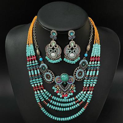 Exotic Ethnic Storm Semitic Necklace Female Owl Rice Beads Earrings Set Travel Photo Headwear