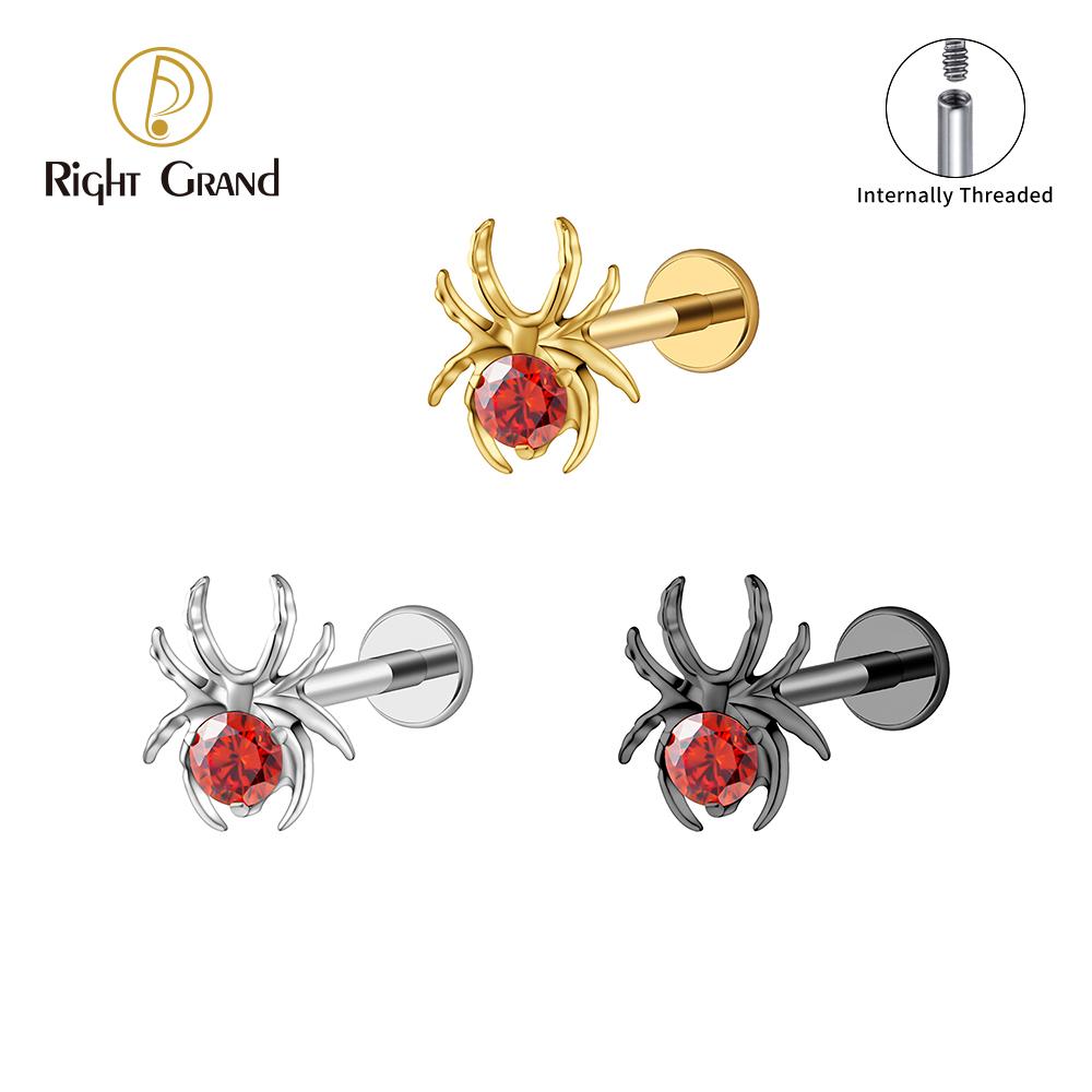 Right Grand ASTM F136 Titanium 16G CZ Spider Cartilage Earring Animal Spider Helix Tragus Lobe Stud Halloween Piercing Jewelry