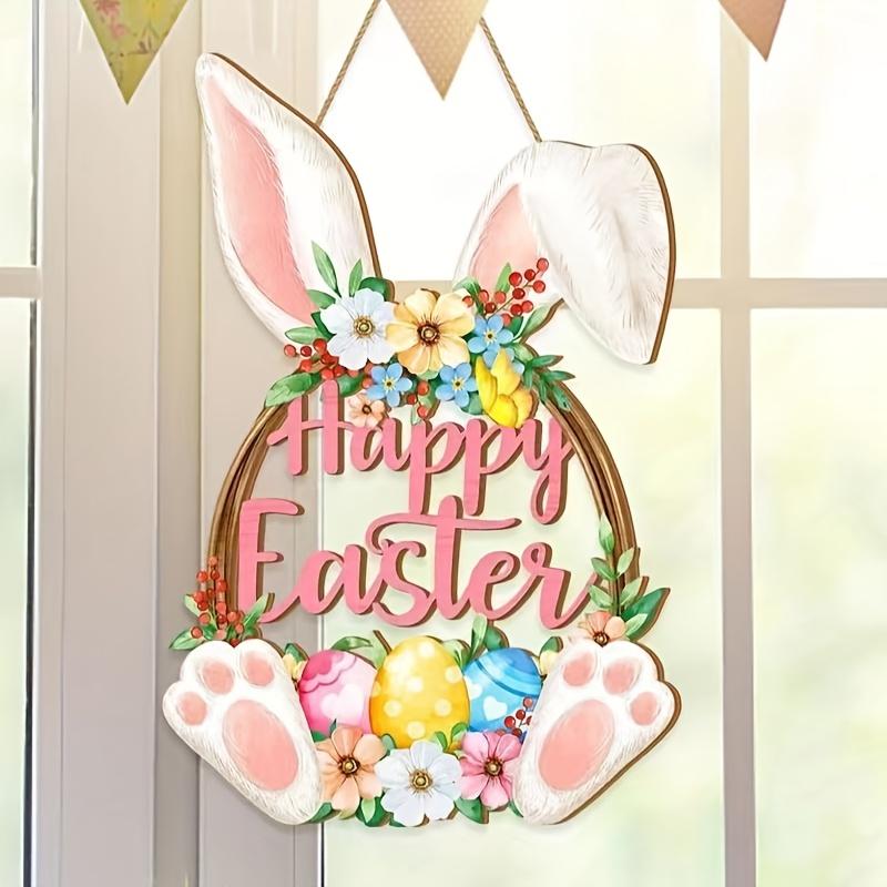 Easter Bunny Wooden Doorplate Decoration Door Sign, Happy Easter Wall Hanging with Floral Decoration