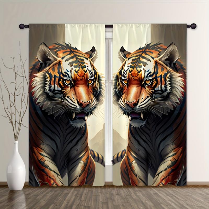 2 Stück Vorhänge mit Leopardenmuster Tiger Löwe bedruckte Vorhänge Stangentaschen Einfache Installation Vorhänge für Küche Wohnzimmer Schlafzimmer