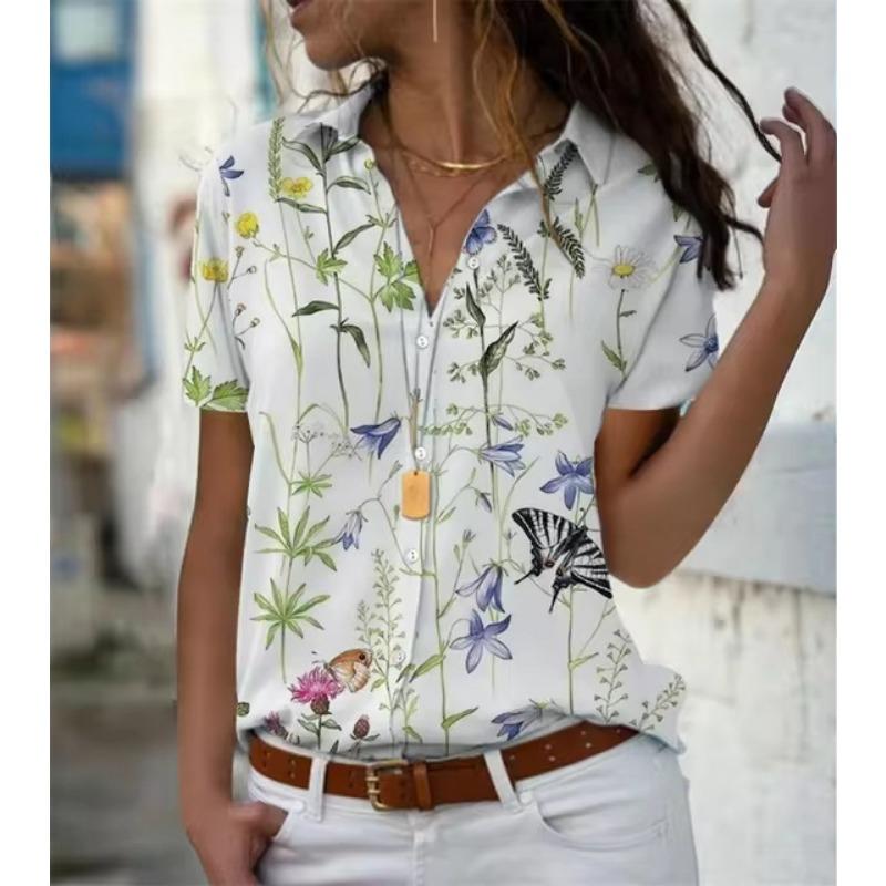 Women Floral 3d Printed Short Sleeve Turn Down Collar Casual Shirt XS