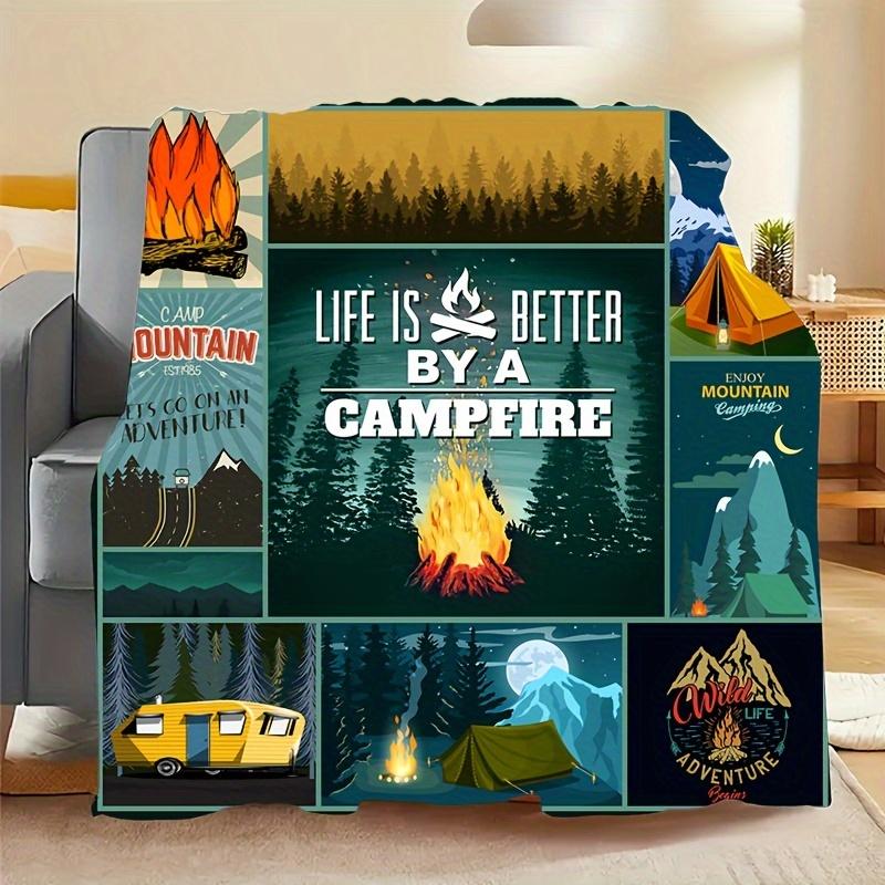 Happy Camping Print Flannel Blanket for Outdoor Hiking Camping, Ideal Camping Themed Gift