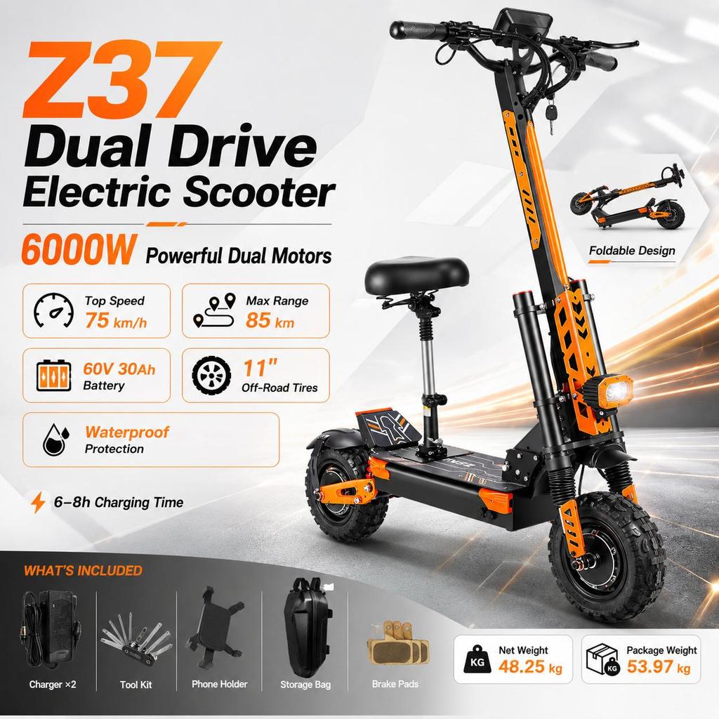 Z37 Electric Scooter-6000W60V30AH E-Scooter-70km/h Speed 11 Vacuum Tire-Foldable EScoot
