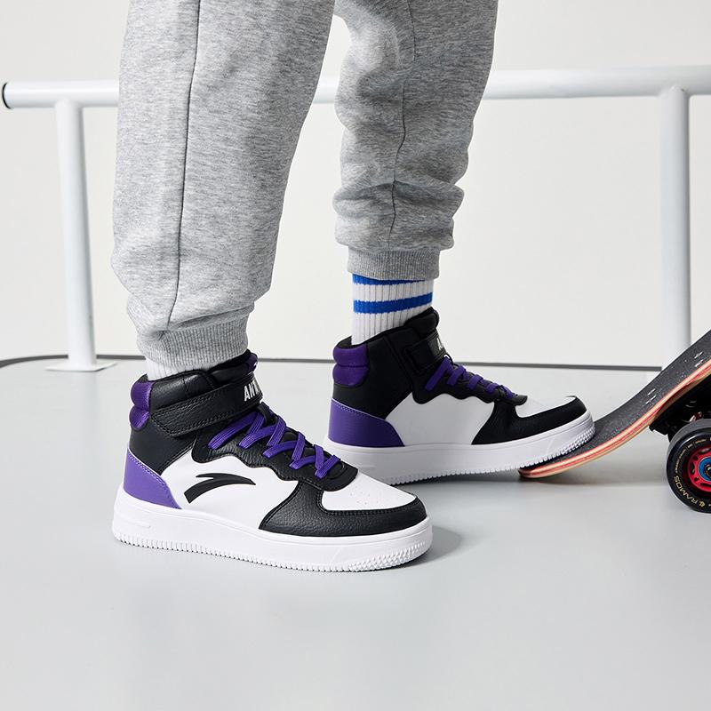 Anta Kids Casual Comfortable Non-Slip Shock Absorbing Wear-Resistant High-Top Sneakers Kids Sneakers White Black Purple A33038015J-4