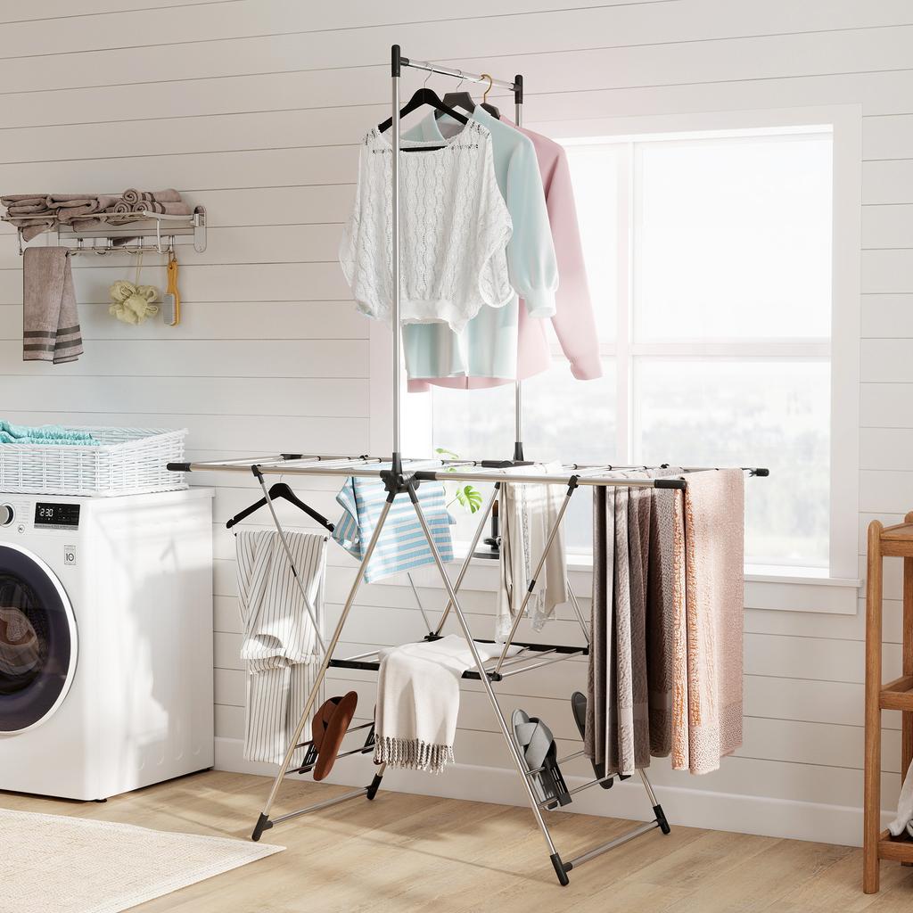 Folding Clothes Drying Rack with 5 Adjustable Wings and 4 Shoe Racks, Stainless Steel, Silver