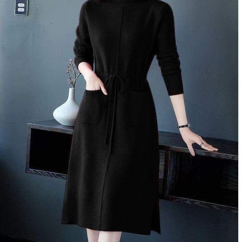 

Вязаное платье с высоким воротом для женщин на осень и зиму, средней длины, платье-свитер, с длинными рукавами, повседневный пуловер 2XL чёрный