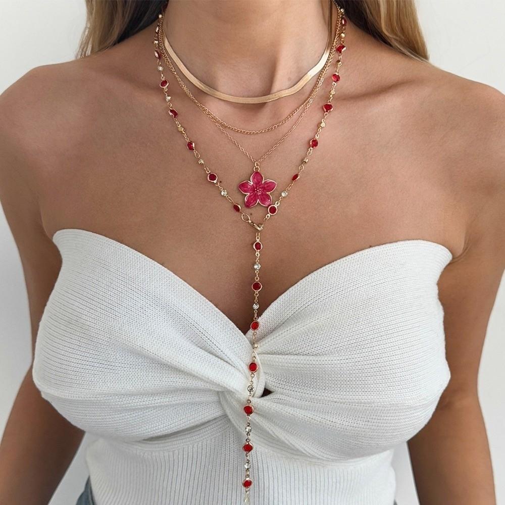 Drip Oil Metal Stacked Necklace Beads Multi Layered Stacked Collarbone Chain Y2K Flower Pendant Cross Necklace Set Women