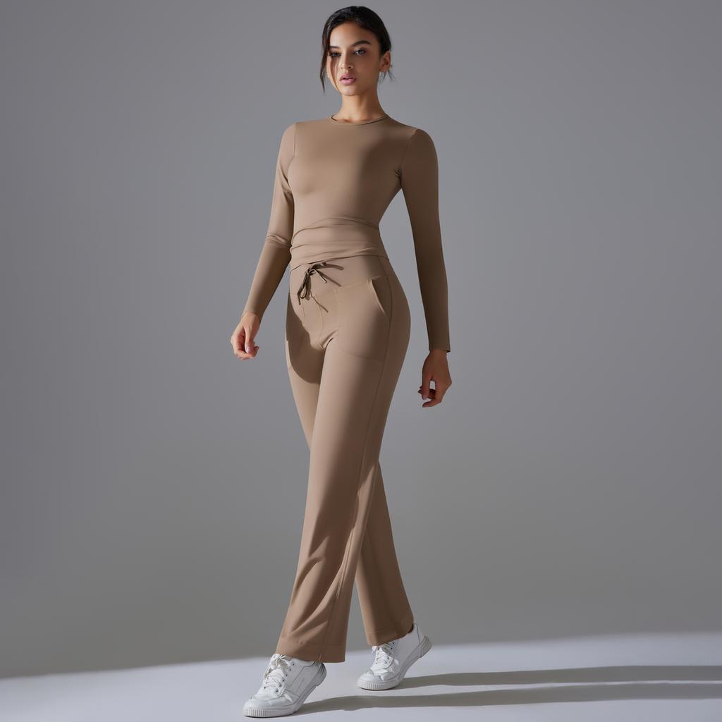 Auroth Long Sleeve Yoga Set With Pockets Women Workout Colthes Gym Top Wide Leg Fitness Pants Sportswear