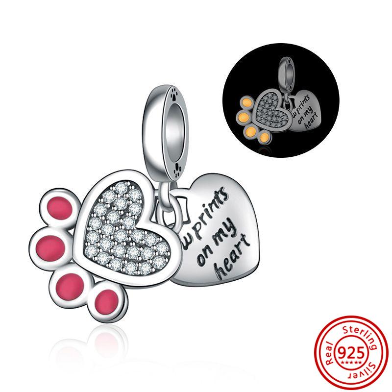 925 Sterling copper Cute Animals Dog Paw Print Pendant Love Heart Beads Fit Original Pantaro Charms Bracelet DIY Zircon Making