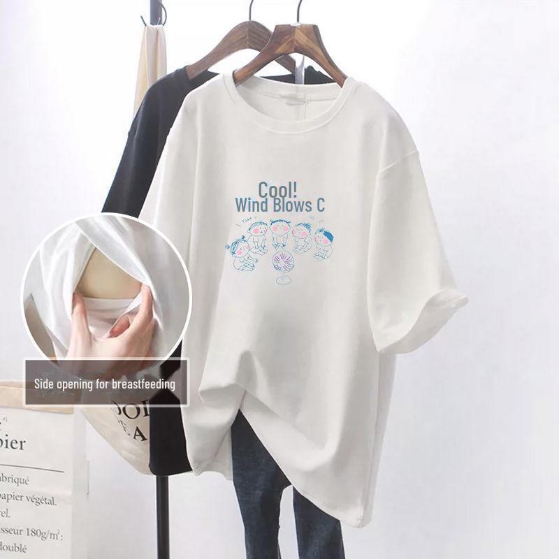 

Футболка свободного кроя для кормящих мам: Мультяшный принт, средняя длина, разрезы по бокам и короткие рукава для послеродового лета XXL