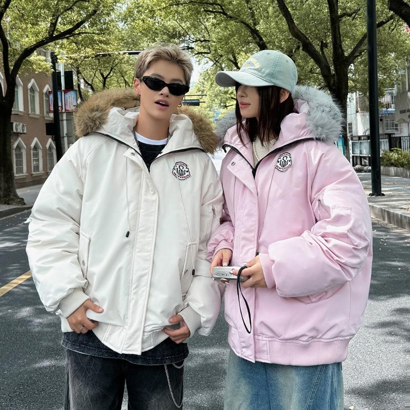 British hooded fur collar men and women couple cotton clothes women's winter thickened warm retro short men's tooling cotton-padded clothes outside