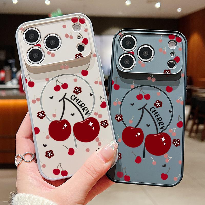 Cartoon Cherry Print Magnetic Phone Case For iPhone 17 Pro Max 16 15 14 13 Pro Max For Magsafe Wireless Charge TPU PC Back Cover