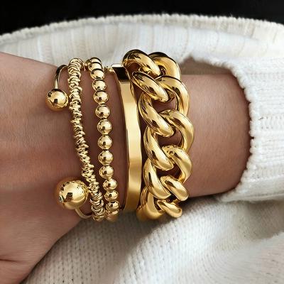 5Pcs Chunky Cuban Chain Bracelet Set For Women Gold Silver Color Geometric Beaded Layered Open Bangle Fashion Party Jewelry Gift