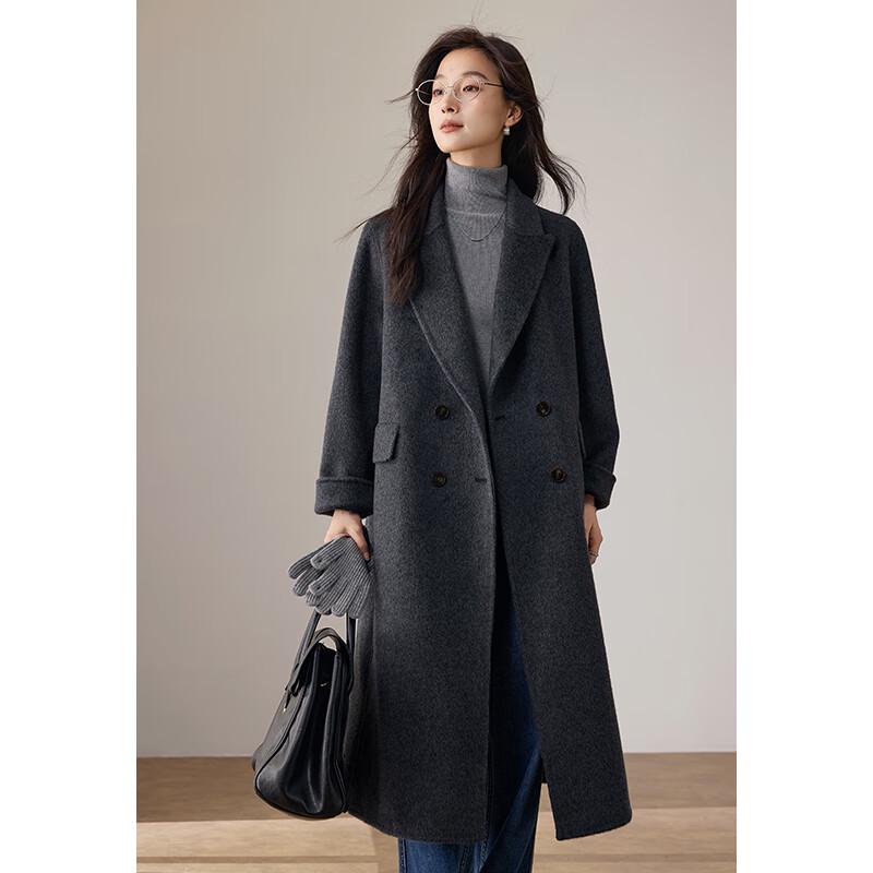 VICTORIA&VERA Women's Double-Breasted Long Woolen Coat