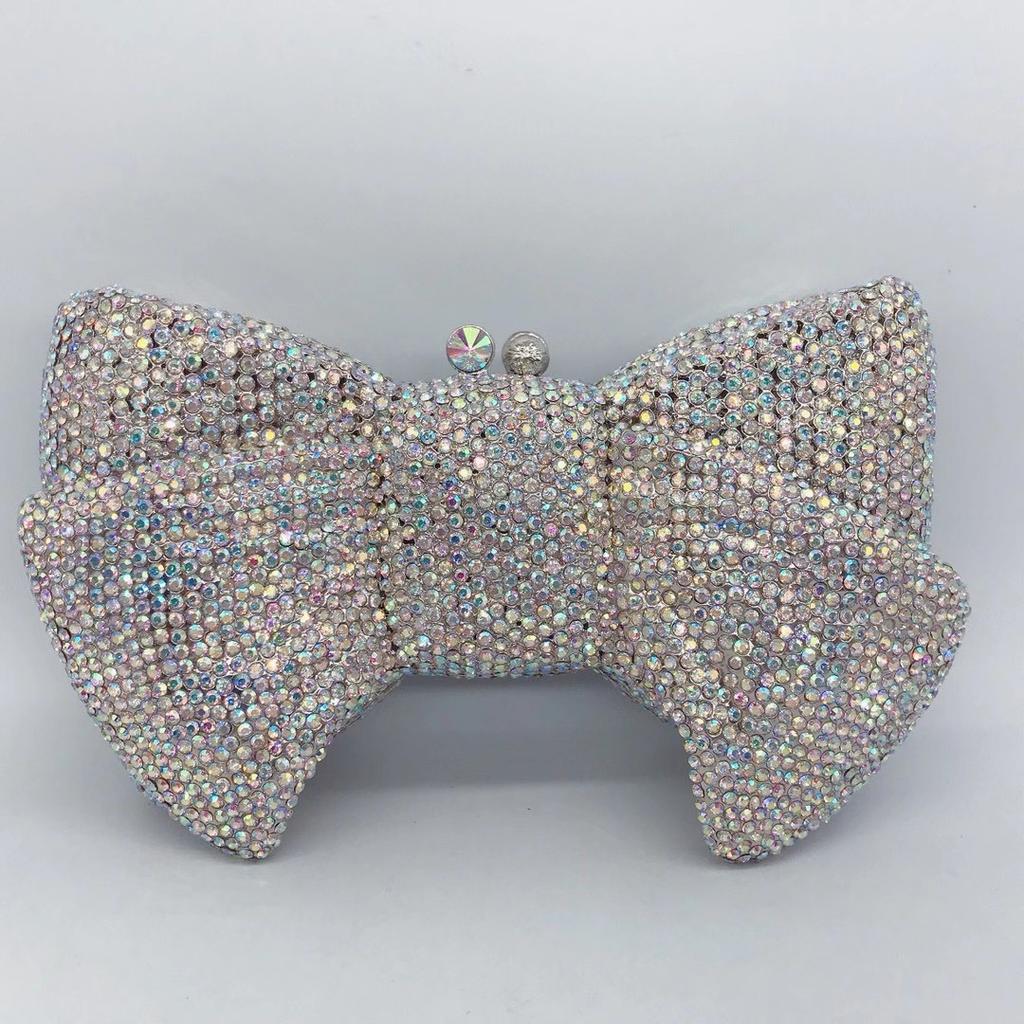 WHTUOHENG Borsa da sera a forma di fiocco con strass argentati Lusso Diamante Party Clutches Borsa da sposa da donna Borse da ballo per signora