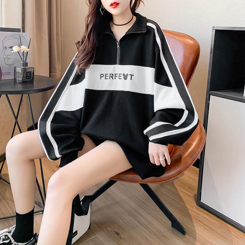 Plus Size Women Polo Collar Long Sleeve Sweatshirt Spring Autumn Loose Casual Zipper Hoodie Oversized Pullover Tops