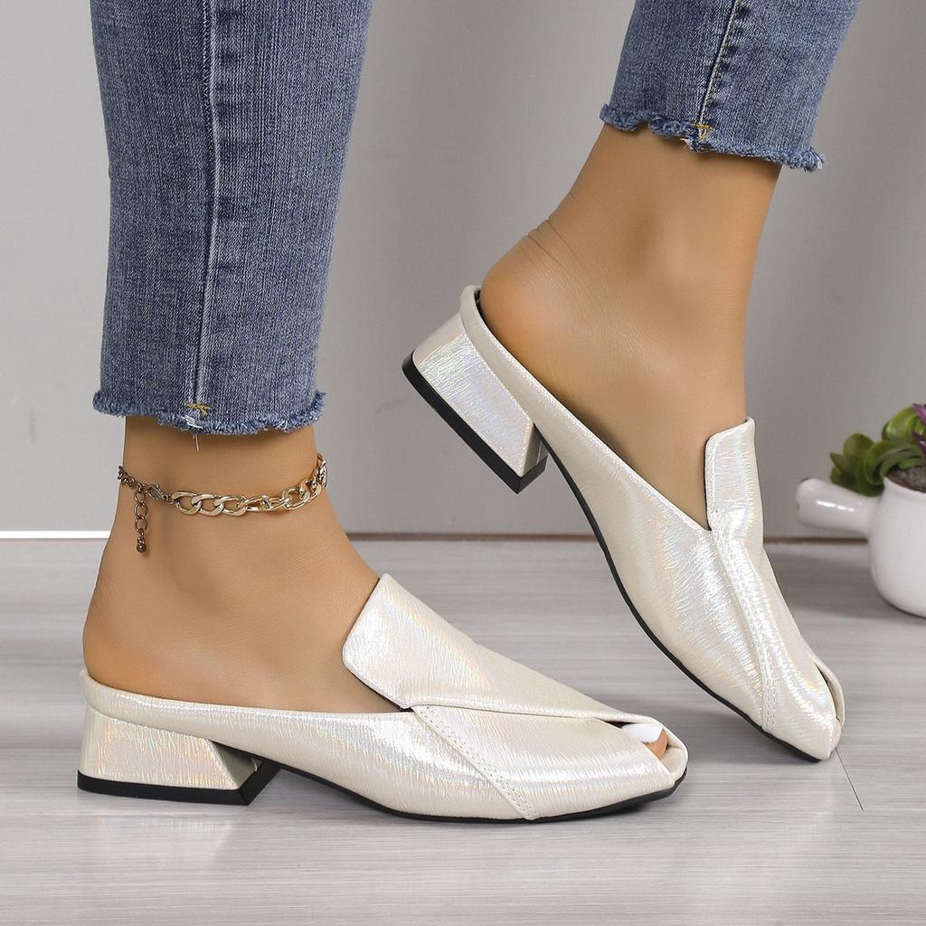 2025 Fashion Half Slippers Female Square Head Personalized Open-toe Square Heel Sandals Fashion Low Heel Outside Wear Slippers