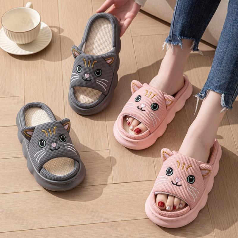Fashion Cute Cat Couple Women Slippers Fashion Breathable Indoor House Slippers Sweat-absorbing Linen Antiskid Comfort Casual Slippers