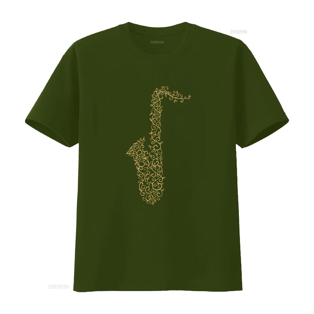 Elegant Gold Vine Wrapped Saxophone Print T Shirt for Music Lovers 100 Cotton vintage Washed homme Casual Soft Breathable